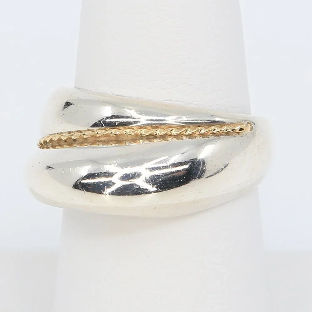 Vintage Chunky Sterling Silver With 18K Gold Twisted Rope Ring Size 6.75 1980s